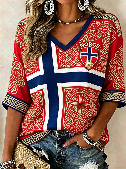 Women's Norway Football Viking Totem Celtic Knot Flag Colorblock Print Mid-length Sleeves V-Neck T-Shirt