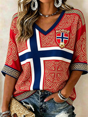 Women's Norway Football Viking Totem Celtic Knot Flag Colorblock Print Mid-length Sleeves V-Neck T-Shirt