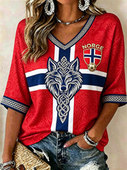 Women's Norway Football Viking Celtic Wolf Flag Colorblock Print Mid-length Sleeves V-Neck T-Shirt