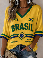 Women's Brazil Football Fan Gift Art Mid-length Sleeves V-Neck T-Shirt