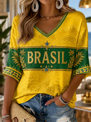Women's Brasil Print Casual Half-Sleeves V-Neck T-Shirt