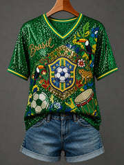 Women's Brazilian Football Inspired Glitter Art Print Short-sleeved T-shirt