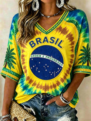 Women's Brasil Football Flag Inspired Tie Dye Print Mid-length Sleeves V-Neck T-Shirt