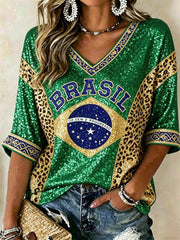 Women's Brasil Football Flag Inspired Leopard Colorblock Print Mid-length Sleeves V-Neck T-Shirt