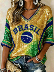 Women's Brasil Football Flag Colorblock Glitter Print Mid-length Sleeves V-Neck T-Shirt
