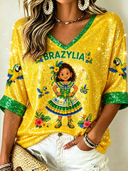 Women's Mid-length Sleeves V-Neck T-Shirt