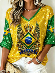 Women's Mid-length Sleeves V-Neck T-Shirt