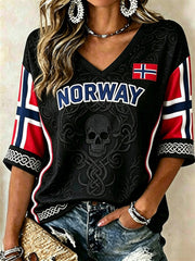 Women's Norway Viking Skull Celtic Knot Flag Colorblock Print Mid-length Sleeves V-Neck T-Shirt