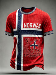 Men's Viking Runes & Longship Art Celtic Norway Flag Print Short Sleeves T-shirt