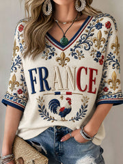 Women's France Mid-length Sleeves V-Neck T-Shirt
