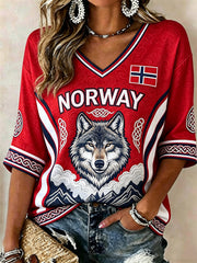 Women's Norway Viking Wolf Forest Landscape Celtic Knot Flag Print Mid-length Sleeves V-Neck T-Shirt