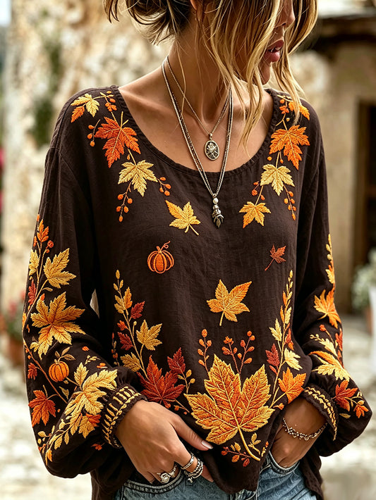 Women's retro autumn maple leaf pattern printed casual cotton and linen shirt