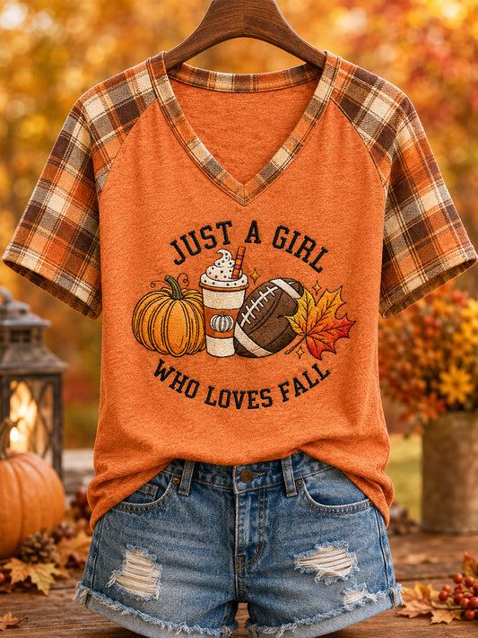 Women's Just A Girl Who Loves Fall Print Casual V-Neck Tee
