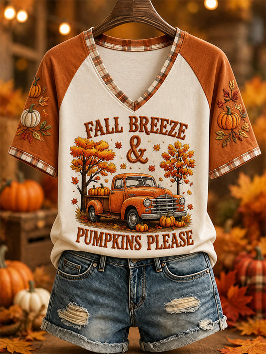 Women's Fall Print Casual V-Neck Tee