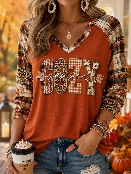 Women's Fall Cozy Season Plaid Print Casual Long-Sleeve V-Neck T-Shirt