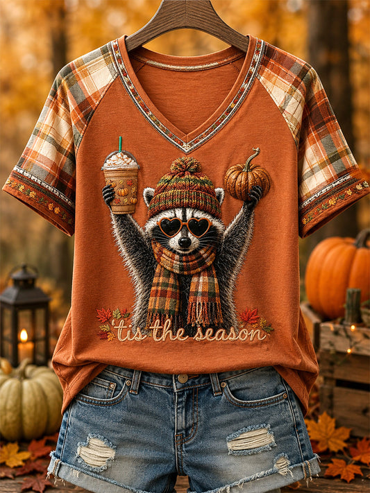 Women's Fall Print Casual V-Neck Tee