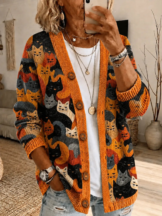 Women's Autumn Cats Print Cardigan
