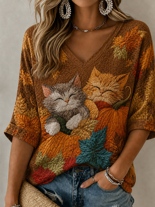 Women's Autumn Cute Cat Maple Leaf Pumpkin Mid-length Sleeves V-Neck T-Shirt