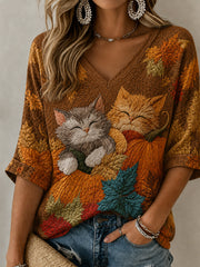 Women's Autumn Cute Cat Maple Leaf Pumpkin Mid-length Sleeves V-Neck T-Shirt