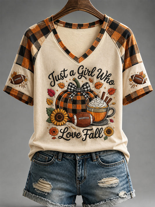 Women's Fall Means Football Print Casual V-Neck Tee