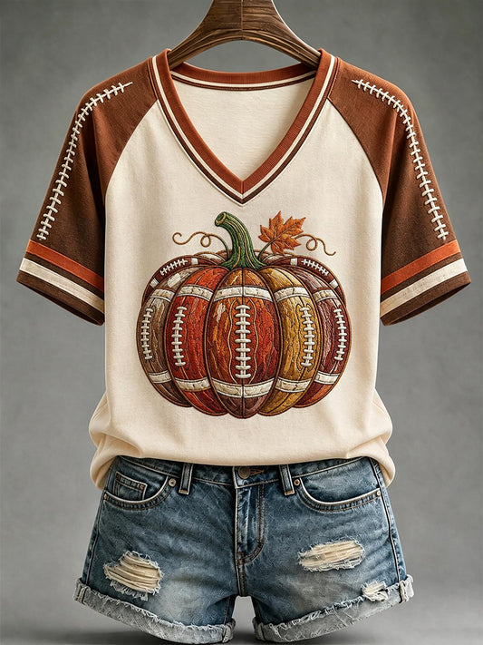 Women's Fall Means Football Print Casual V-Neck Tee