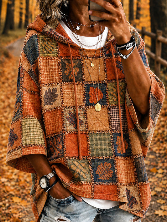 Women's Autumn Grid Cute Pumpkin Maple Leaf Pattern Casual Hoodie