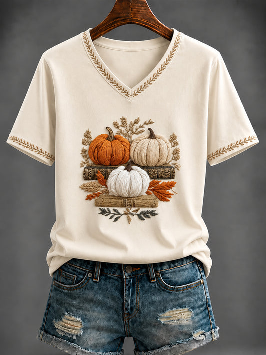 Women's Autumn pumpkin Art Printed V-neck T-shirt