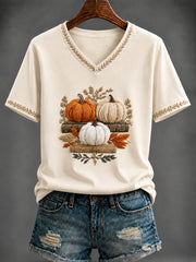 Women's Autumn pumpkin Art Printed V-neck T-shirt