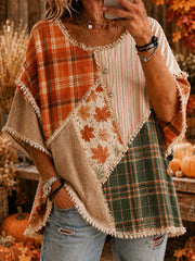 Women’s Autumn Thanksgiving Plaid Maple Leaves Printed Casual Top