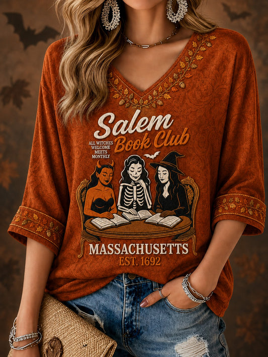 Women's Salem Book Club All Witches Welcome Printed Mid-length Sleeves V-neck T-shirt