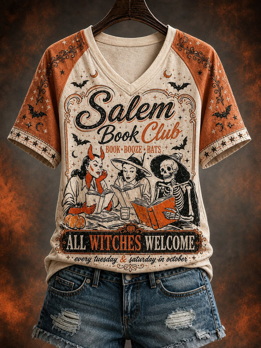 Women's Salem Book Club All Witches Welcome Printed V-neck T-shirt