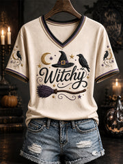 Women's Halloween Witchy Print Casual V-Neck Tee