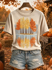 Women's Autumn Trees Reflection Print Cozy Short-sleeved T-shirt