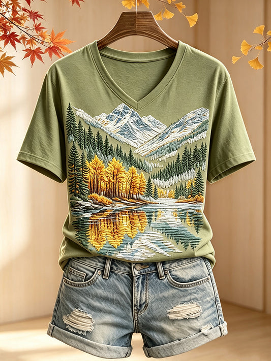 Women's Autumn Mountain Lake Reflection Print Cozy Short-sleeved T-shirt