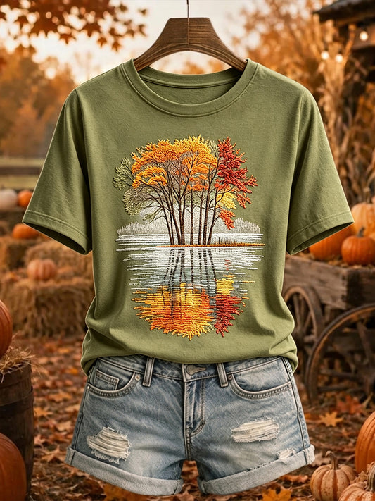 Women's Fall Trees Reflection Print Cozy Short-sleeved T-shirt