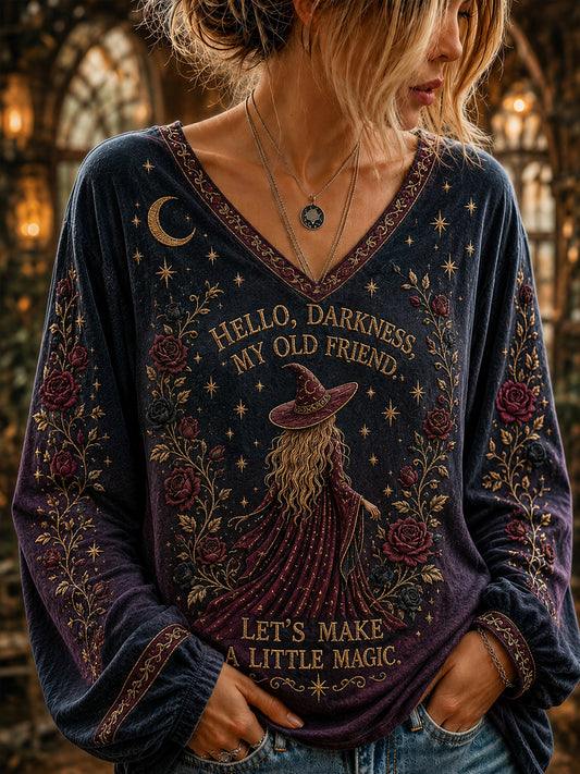 Women's Hello Darkness My Old Friend Halloween Witch Print V-neck T-shirt