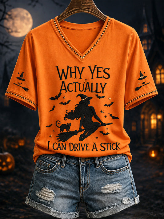 Women's Why Yes Actually I Can Drive A Stick Print Casual V-Neck Tee