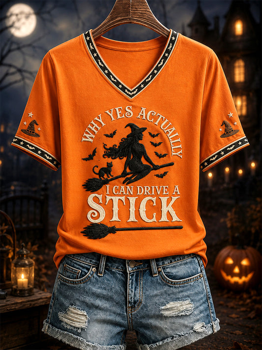 Women's Why Yes Actually I Can Drive A Stick Print Casual V-Neck Tee