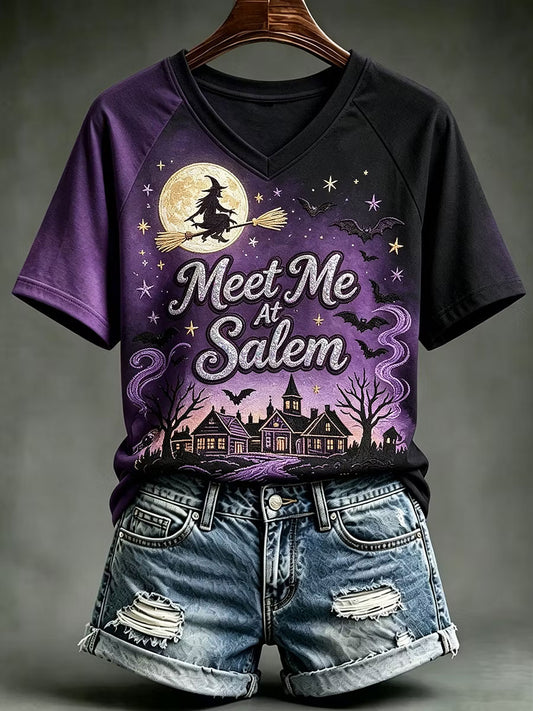 Women's Meet Me At Salem V-neck Off-shoulder Short-sleeved T-shirt
