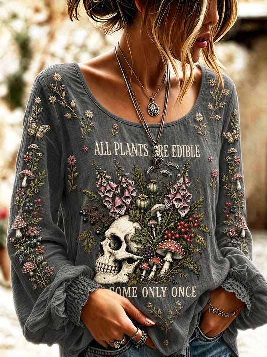 Women's "All Plants Are Edible Some Only Once" Halloween Floral Print Casual Cotton-Linen Shirt