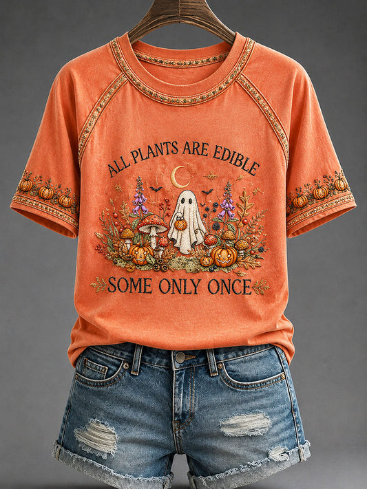 Women's "All Plants Are Edible Some Only Once" Halloween Ghost Floral Print Casual T-shirt