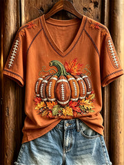 Women's Football Inspired Fall Pumpkin Print short-sleeved T-shirt