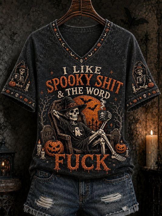 Women's Funny Halloween Skeleton I Like Spooky Shit And The Word Fuck Print Casual V-Neck Tee