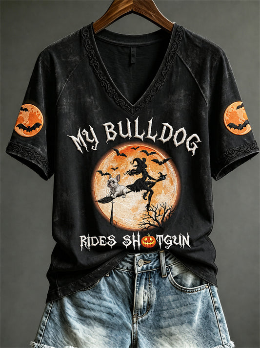 Women's My Bulldog Rides Shotgun Halloween Witch & Dog Print short-sleeved T-shirt