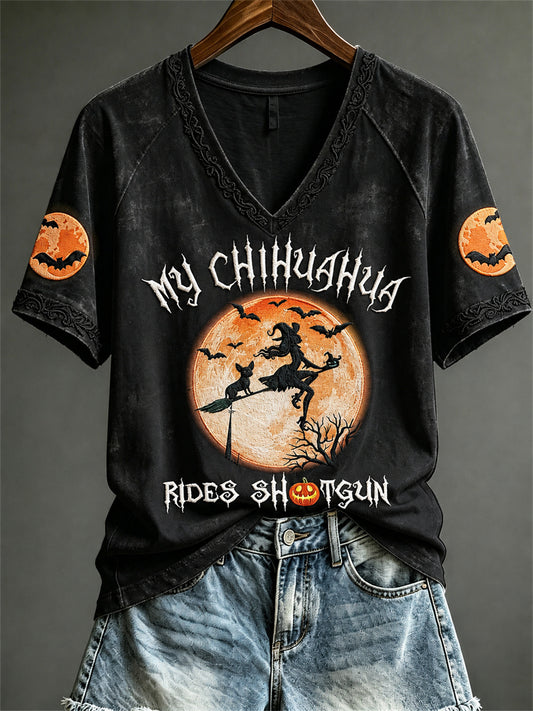 Women's My Chihuahua Rides Shotgun Halloween Witch & Dog Print short-sleeved T-shirt