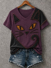 Women's Halloween Patchwork Print Casual V-Neck Tee