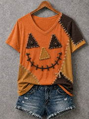 Women's Halloween Patchwork Print Casual V-Neck Tee