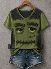 Women's Halloween Patchwork Print Casual V-Neck Tee