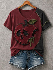 Women's Halloween Patchwork Print Casual V-Neck Tee