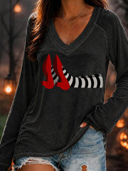 Women's Fun Halloween Witch Double Layer Neck Long Sleeve T-Shirt